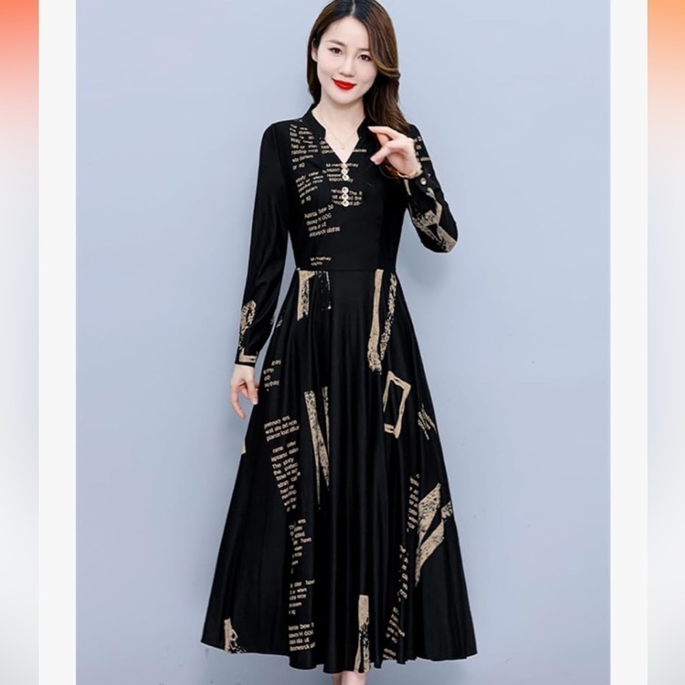 Women’s Long Sleeve Black Printed Dress